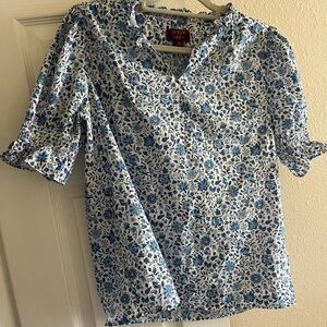 J. Crew White and Blue Floral Blouse